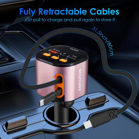 5 In 1 Ride Ready Retractable Car Charger With 90W Heavy Hitter Fast Charge in a car's console with retractable cables visible.