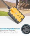 Beefy Heavy Duty 6 Outlet Power Strip With 25Ft Extension Cord, 14/3 Gauge SJT W shown outdoors with safety covers.