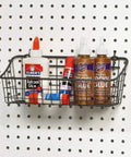 Small Pegboard Wall Mount Basket Organizer For Garage, Workshop Or Craft Room with glue bottles, easy install coated steel wire