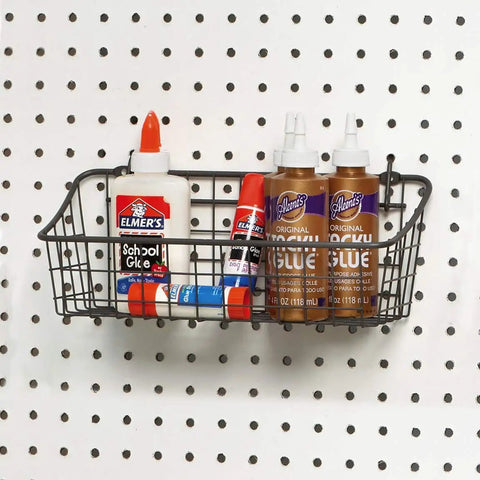 Small Pegboard Wall Mount Basket Organizer For Garage, Workshop Or Craft Room with glue bottles, easy install coated steel wire