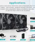 Dual 120mm USB Cooling Fan For Computer Rig Keeping Things Hella Quiet With Adjustable Speed Control And Flat Or Upright Stand Design 5V PC Component Chiller Sweet Airflow For Routers And Small Boxes, showing applications with devices.
