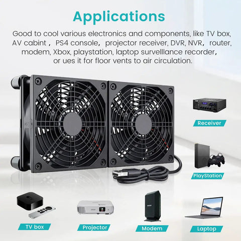 Dual 120mm USB Cooling Fan For Computer Rig Keeping Things Hella Quiet With Adjustable Speed Control And Flat Or Upright Stand Design 5V PC Component Chiller Sweet Airflow For Routers And Small Boxes, showing applications with devices.