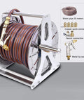 Premium Garden Hose Reel Featuring Easy Rewind Lightweight Build And Six Function Spray Nozzle displayed with coiled 20-meter hose.