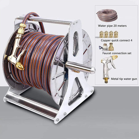 Premium Garden Hose Reel Featuring Easy Rewind Lightweight Build And Six Function Spray Nozzle displayed with coiled 20-meter hose.