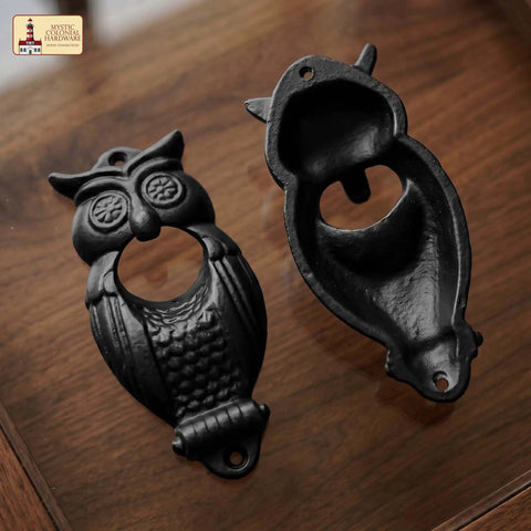 Solid Rockin Cast Iron Wall Mounted Bottle Opener Set Of Two Rustic Owl Design Heavy Duty Beer Cap Grabber with detail view.
