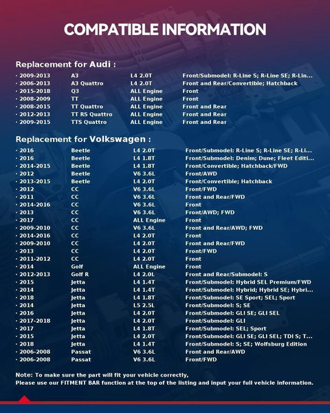 Compatibility chart for Audi and Volkswagen models, including Jetta, Passat, Beetle, listing years and engine types.
