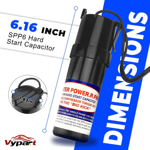 Dimensions of Hard Start Capacitor Kit With 500 Percent Torque Boost For HVAC Systems displayed with measurements.
