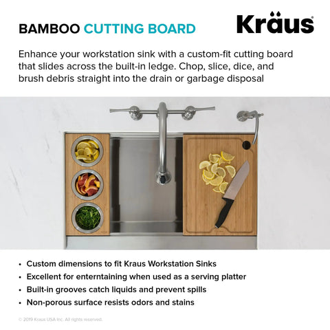 Solid Bamboo Cutting Board For Workstation Sinks Over The Sink Prep Board with vegetables, clips on ledge, non-slip