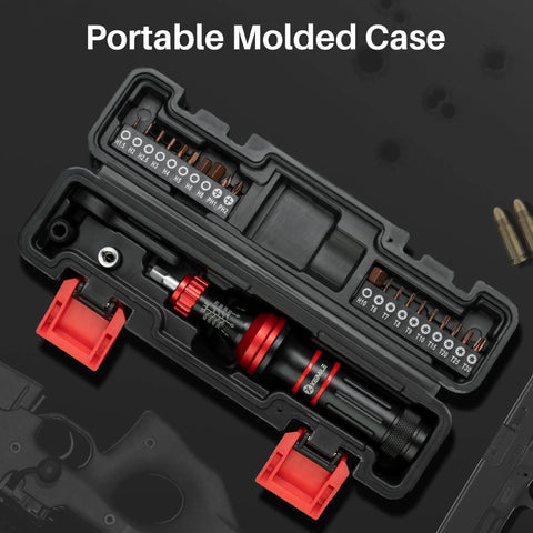 Adjustable Torque Screwdriver Set From Ten To Eighty In Lb With One Quarter Inch Bit Holder and multiple bits inside a portable molded case.