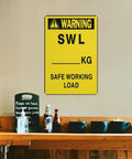 High Visibility Pro Grade 8 By 12 Aluminum Warning Sign For Safe Working Load Compliance on wall above wooden shelf