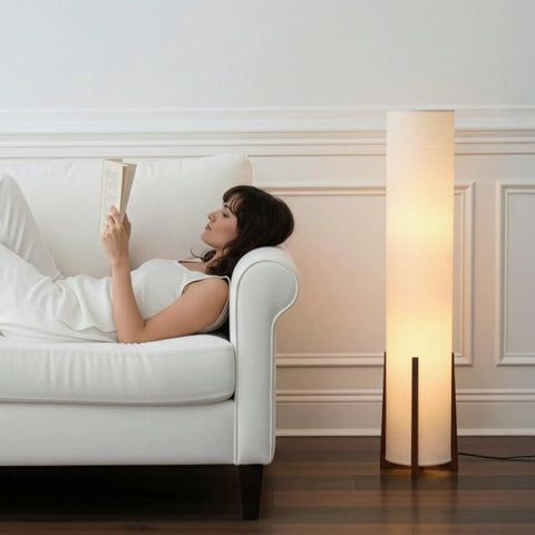 48 Inch Paper Lantern Floor Lamp With Wood Frame Asian Inspired Tower Shade for Living Room Bedroom and Office Cozy Home Vibe Lighting