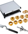 Front view of SpeTool 13-piece brass router template bushing set with aluminum case, locking wrench and center pin