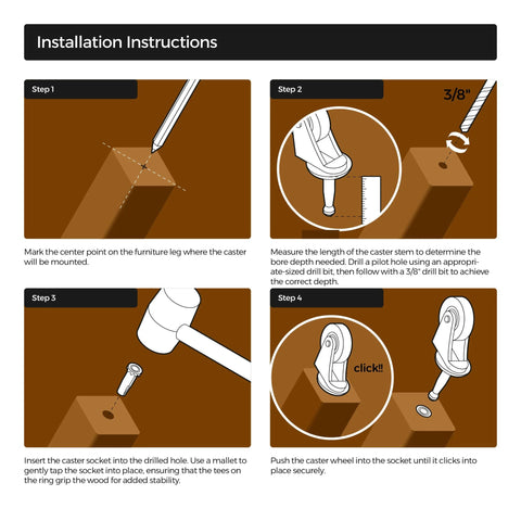 Installation steps for wood furniture caster wheel set showing marking, drilling, inserting, and securing stem into furniture leg.