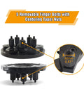 Universal Wheel Balancer Adaptor Plate No Fuss For Tire Balancing Machine Clamp Fitment showing removable finger bolts and centering taper nuts, fits 36-40mm shaft and various lug patterns.