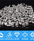 Close-up of 400 stainless steel flat point set screws with hex socket fasteners, assorted in a compact storage case for home use.