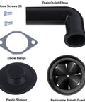 Components for Anti Jam One Half HP Stainless Steel Garbage Disposal including drain elbow, flange, screws, stopper, splash guard.