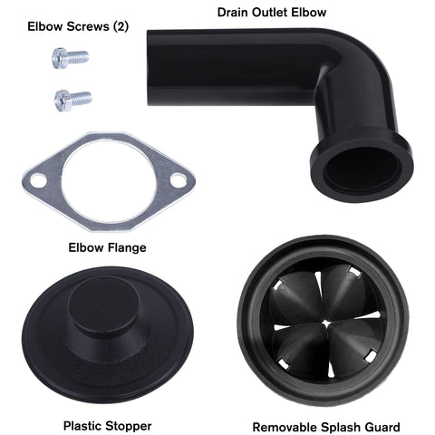 Components for Anti Jam One Half HP Stainless Steel Garbage Disposal including drain elbow, flange, screws, stopper, splash guard.