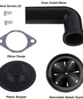 Parts for Gutsy Half HP Garbage Disposal With Torque Master Grinding System, including drain elbow, screws, and splash guard.