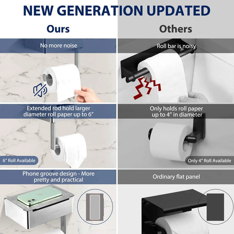 Comparison of Two Pack Stainless Steel Toilet Paper Holder With Built In Shelf vs competitor showing size and features