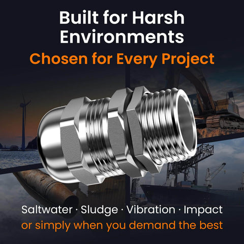 Two Pack One Half Inch NPT 304 Stainless Steel Cable Gland Waterproof IP68 Metal Strain Relief Cord Grip Long Thread