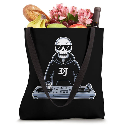 Cool Halloween Skeleton Dj Turntable Tote Bag For Music Lovers Spooky Skull Design Perfect For Edm House Fans Gift For Djs And Concert Party Goers with groceries.