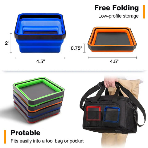 4 Pack Collapsible Silicone Magnetic Tool Trays With Dual Sided Magnetic Base Foldable 4.5 Inch Square Bowls for Bolts Screws