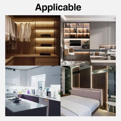 Solderless LED tape light connectors in closets, cabinets, kitchens, and bedrooms; 30 Pack Solderless LED Tape Light Connectors With Screw Terminal Blocks 2 Pin 10mm, Includes Screwdriver, Wire To COB Strip Connector, For 5V 12V 24V Monochrome Low Voltage LED Strips, IP65 Waterproof, Quick Easy Install.