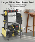 Heavy Duty Garage Tool Cart With Charging Station And Built In Organizer All In One Pro Grade Rolling Tool Storage With Eight Outlet Power Strip Four Wheels Two Hanging Baskets Eight Hooks Drill Bit Holder Black Finish in a room.