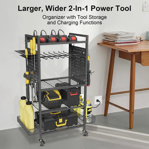Heavy Duty Garage Tool Cart With Charging Station And Built In Organizer All In One Pro Grade Rolling Tool Storage With Eight Outlet Power Strip Four Wheels Two Hanging Baskets Eight Hooks Drill Bit Holder Black Finish in a room.