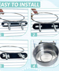 Stainless steel bird bowl with clamp-holder mounted on cage bars; four-step installation diagram.