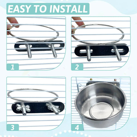 Stainless steel bird bowl with clamp-holder mounted on cage bars; four-step installation diagram.