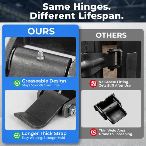 Comparison of heavy duty weld on trailer hinges with grease fitting vs others, showcasing greaseable strap and design benefits.