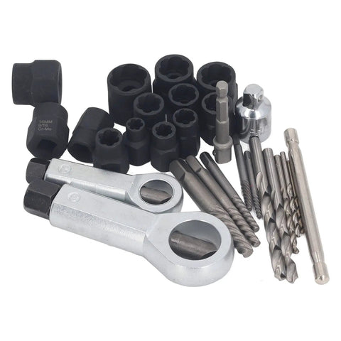 Rock solid 28-Piece Heavy-Duty Screw Extractor Set For Stripped And Rusty Bolts., 28-piece heat-treated metal extractor set with drill bits and sleeves