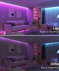 Living room comparison using 65.6 Foot Ultra Long RGB LED Strip Lights with Remote Control, showcasing bright vs dim lighting.