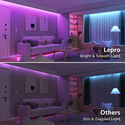 Living room comparison using 65.6 Foot Ultra Long RGB LED Strip Lights with Remote Control, showcasing bright vs dim lighting.