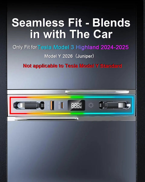 Tesla USB Hub 4 Port Docking Station With RGB Ambient Light For Model 3 Highland 2024 2025 And Model Y Juniper 2026 shown installed