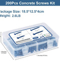Concrete Screw Assortment Kit With Drill Bit 200 Pcs No Pre Drill Diamond Point Flat Head Phillips And Hex Head Masonry Screws case
