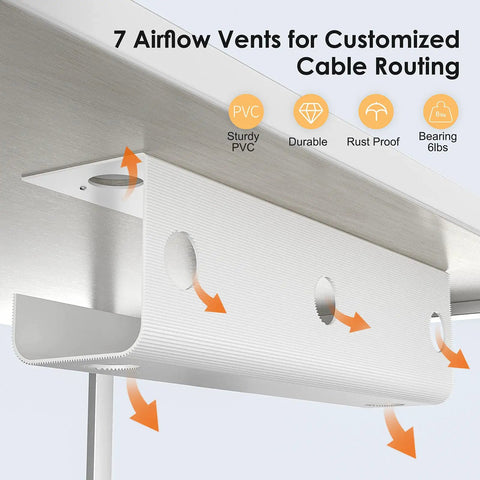 Under Desk Cable Management Tray 31.5 Inch Cord Organizer For Wire Management No Drill Drill Compatible Mounts Home Office Computer Desk Cable Hider White 2 Pack with airflow vents.