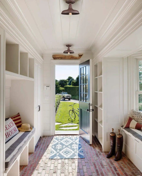 Vintage Retro Rustic Metal Barn Semi Flush Mount Ceiling Light With Rust Finish in a farmhouse entryway, creating old school glow.