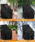 Waterproof Outdoor Stackable Chair Cover for Patio Chairs 210D Heavy Duty Fabric With All Weather Protection Fits 25 By 25 By 47 Inches Stacking Chairs Black Keeps Water Dust And Sun Out, shown in varying weather conditions.
