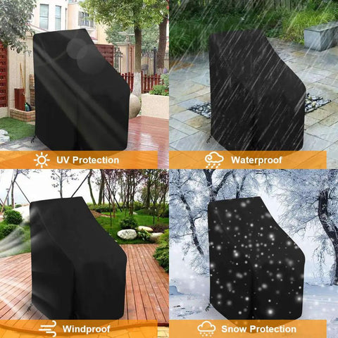 Waterproof Outdoor Stackable Chair Cover for Patio Chairs 210D Heavy Duty Fabric With All Weather Protection Fits 25 By 25 By 47 Inches Stacking Chairs Black Keeps Water Dust And Sun Out, shown in varying weather conditions.