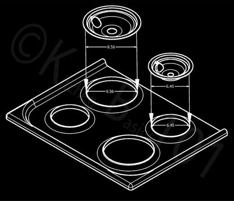 Diagram of Porcelain Drip Pan Replacement Kit for GE Ovens, showing dimensions of 6in WB31M20 and 8in WB31M19 pans.