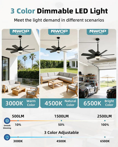 Outdoor Gazebo Ceiling Fan With Lights And Remote, 28 Inch LED 3CCT Dimmable 3000K To 6500K, installed in porch and garage settings