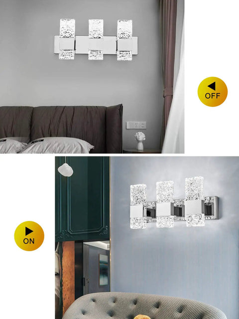 Gold Wall Sconce Set Of Two LED Bathroom Vanity Lights With Bubble Crystal, 8-Sided Faceted Design, on and off view