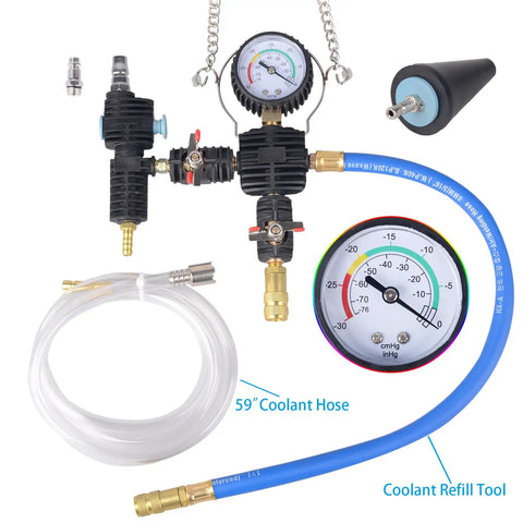 Slick Complete No Hassle Rig Ready 28 Piece Universal Radiator Pressure Tester Kit Including Hand Pump And Adapter Spanner for leak diagnostics features gauge, hoses, and connectors.