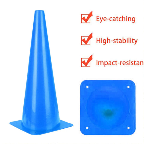 Blue safety cone with square base, highlighted features, "Eye-catching," "High-stability," "Impact-resistant," shown on side and base view.