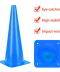 Blue traffic cone with eye-catching, high-stability, and impact-resistant features displayed as a promotional image.