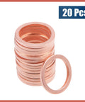 Twenty Piece Copper M14 X 18mm Flat Sealing Washers For Cars And Trucks Hella Secure Fit Rock Solid Copper stacked with one ring visible.
