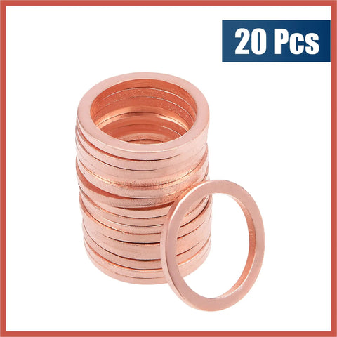 Twenty Piece Copper M14 X 18mm Flat Sealing Washers For Cars And Trucks Hella Secure Fit Rock Solid Copper stacked with one ring visible.
