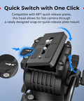 Quick release plate on Beefy Pro Grade Aluminum Video Tripod With Fluid Head For Pro Shoots, 73 Inch Reach, Model AD-14-5440.